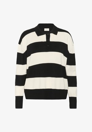 Fekete-fehér csíkos, hosszú ujjú polo pulóver, gallérral, négy gombbal és bordázott mandzsettákkal. Puha kötött textúra, laza szabás.