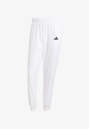 White athletic pants made of smooth fabric, featuring an elastic waistband and fitted cuffs, with a black logo on the back pocket.