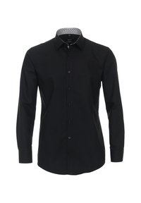 Schwarzes langärmliges Hemd mit einem knöpfbaren Kragen, ausgestattet mit einem gemusterten Innenkragen. Hergestellt aus glattem Stoff, elegantes Design ohne Verzierungen.