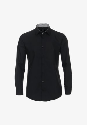 Schwarzes langärmliges Hemd mit einem knöpfbaren Kragen, ausgestattet mit einem gemusterten Innenkragen. Hergestellt aus glattem Stoff, elegantes Design ohne Verzierungen.