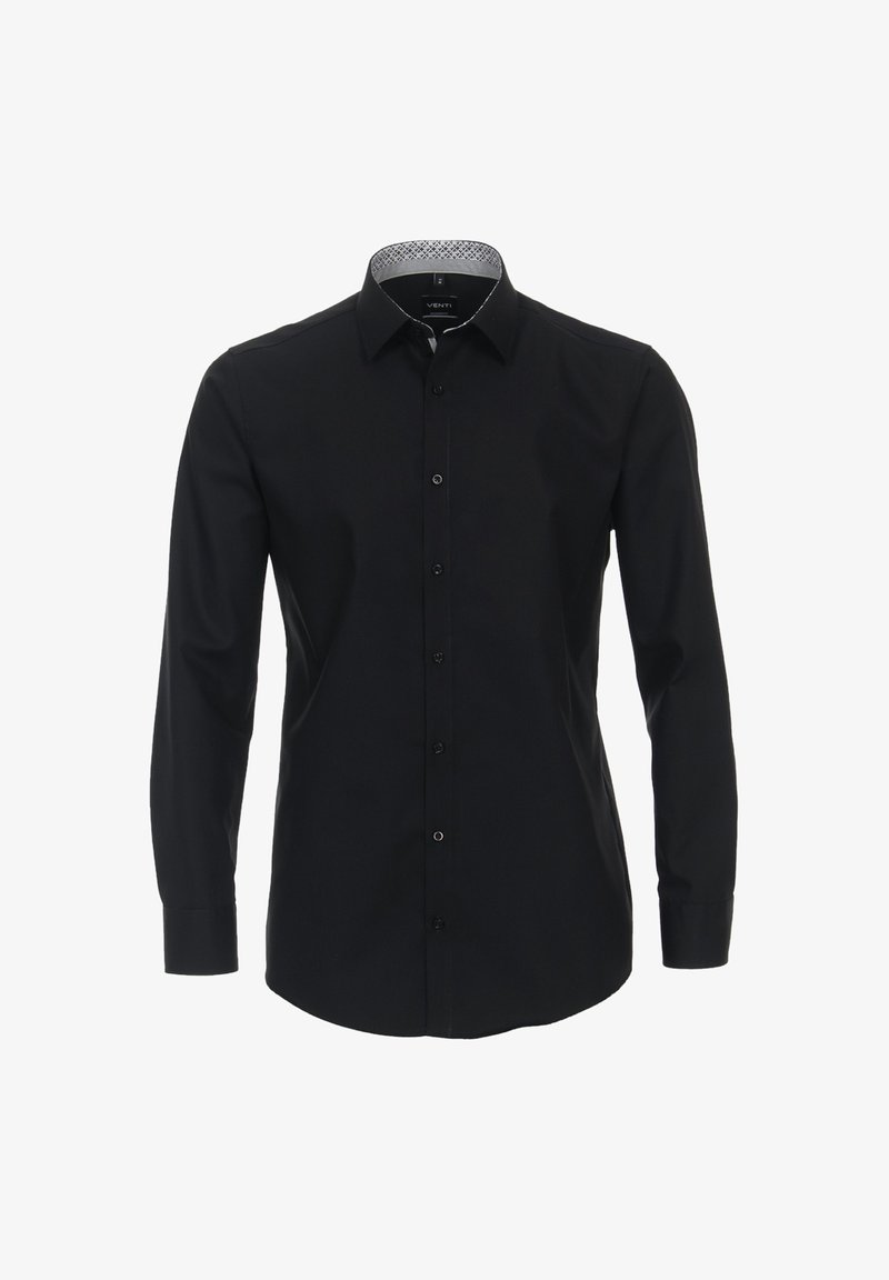 Schwarzes langärmliges Hemd mit einem knöpfbaren Kragen, ausgestattet mit einem gemusterten Innenkragen. Hergestellt aus glattem Stoff, elegantes Design ohne Verzierungen.