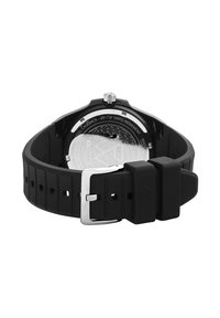 Black rubber strap watch with a stainless steel case back, silver hardware, and a textured design on the case back.