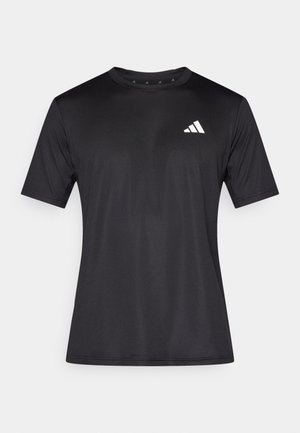 Zwart sport T-shirt van lichtgewicht meshstof, met korte mouwen en een wit logo op de linkerborst.