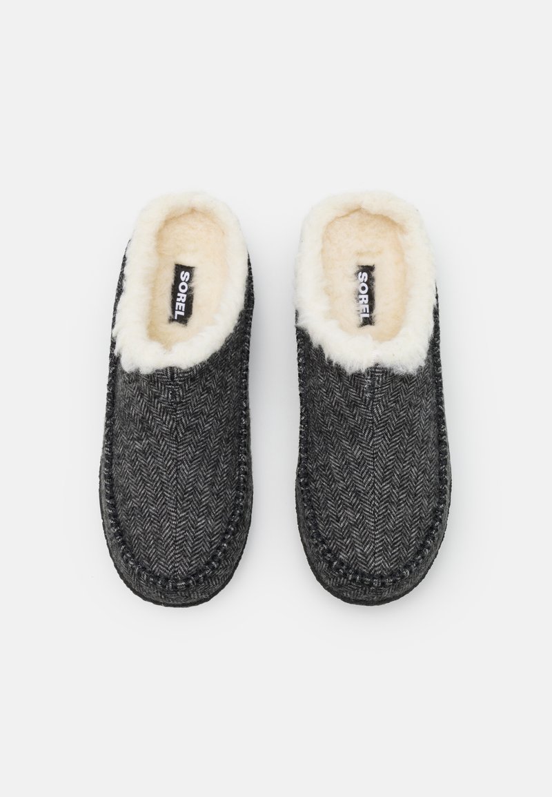 Pantuflas grises de espiga con un suave forro de piel crema. Diseño clásico sin hebilla con costuras decorativas alrededor de los bordes y etiqueta de la marca en el interior.