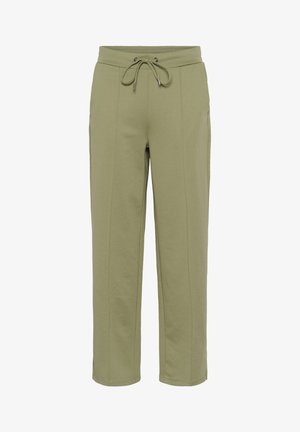 Pantaloni de trening verde măsliniu, dintr-o țesătură moale, cu un band elastic la talie prevăzut cu șnur, buzunare laterale și cusături aerodinamice.