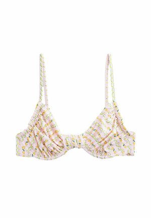 Roze bikinibovenstuk met dunne bandjes, met een patroon van kleine gele citroenen en groene bladeren.