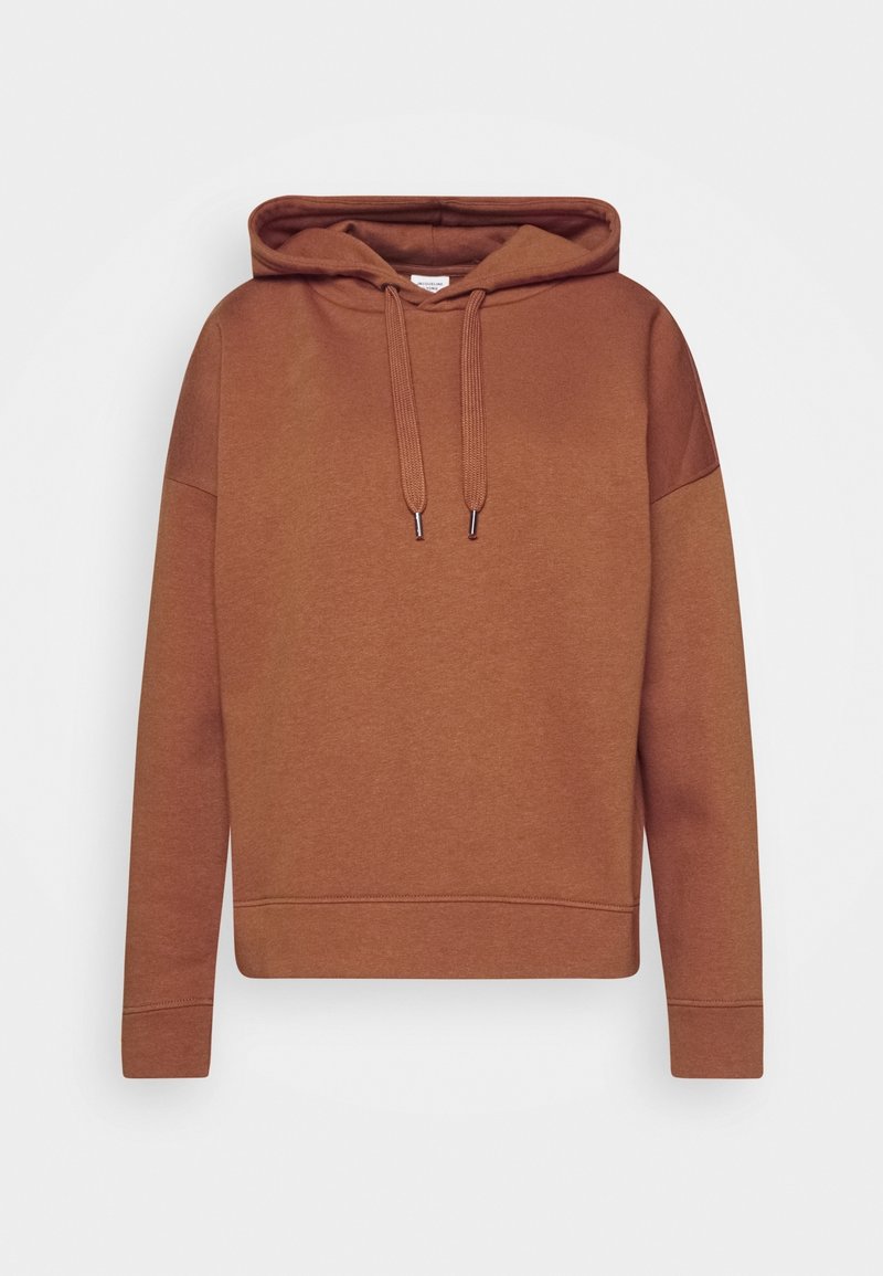 Sudadera marrón fabricada en tejido suave, con un bolsillo canguro en el frente, capucha con cordón y puños acanalados para mayor comodidad.