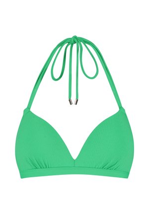 Groen driehoek bikini bovenstuk met halternekbandjes en zilveren metalen uiteinden aan de bandjes tegen een witte achtergrond.