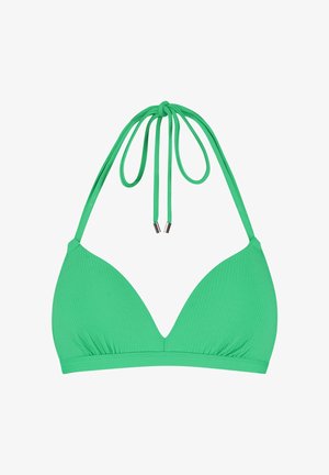 Groen driehoek bikini bovenstuk met halternekbandjes en zilveren metalen uiteinden aan de bandjes tegen een witte achtergrond.