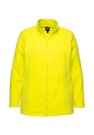 Geel fleecjasje met een volledige ritssluiting, staande kraag en zijzakken. Gladde textuur met een effen kleur en geen patronen.