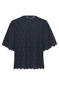 Top in pizzo blu navy con motivo floreale, dotato di maniche corte e svasate e orlo scallop. Dettagli a taglio in tutto il tessuto.