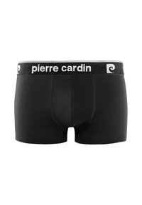 Boxers pour hommes noirs avec une large ceinture élastique arborant le logo "pierre cardin" en blanc. Texture lisse et coupe ajustée.