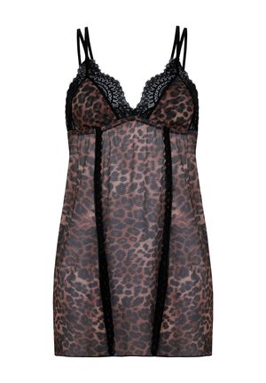 Durchscheinender Leopardenmuster-Negligé mit schwarzer Spitzenborte und doppelten, dünnen schwarzen Trägern.