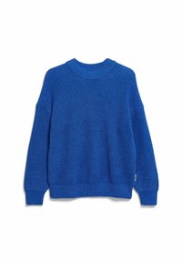 Blauer Strickpullover mit rundem Ausschnitt, langen Ärmeln und gerippten Bündchen am Ärmel- und Saumabschluss. Verfügt über ein durchgehendes strukturiertes Muster.