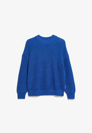 Blauwe gebreide trui met een ronde hals, lange mouwen en geribbelde boorden en zoom. Heeft een textuurpatroon door het hele kledingstuk.