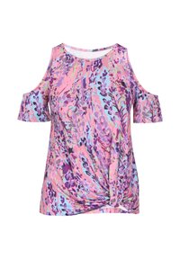Kurzärmliges Oberteil mit einem Cold-Shoulder-Design, einem geknoteten Vorderteil und einem lebhaften Blumenmuster in Pink-, Lila- und Blautönen auf leichtem Stoff.