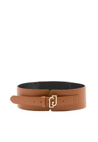 Cintura in pelle marrone dal design ampio, con una fibbia in metallo dorato e una finitura texturizzata. Fodera interna nera per il comfort.