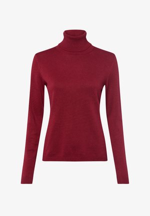 Roter Rollkragenpullover aus geripptem Strickstoff. Lange Ärmel und figurbetonte Passform mit hohem Kragen. Keine sichtbaren Muster oder Akzente.