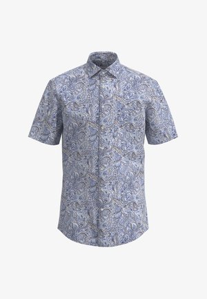 Kortærmet skjorte med knapper i blå og beige paisley mønster, med krave, knapper foran og to brystlommer. 100% bomuldsstof.