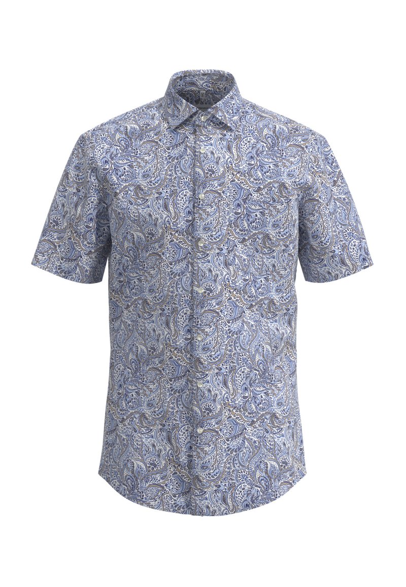 Camicia a maniche corte con bottoni, in blu e beige con motivo paisley, caratterizzata da un colletto, bottoni frontali e due tasche sul petto. Tessuto di cotone.