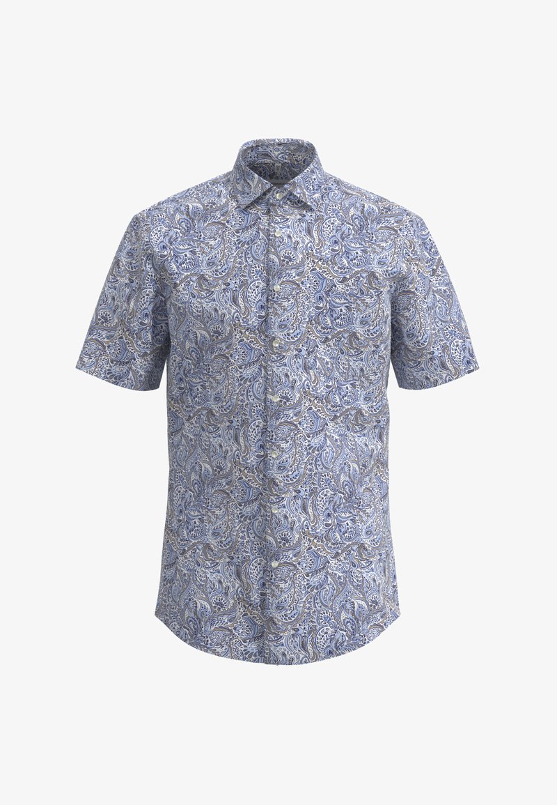 Camicia a maniche corte con bottoni, in blu e beige con motivo paisley, caratterizzata da un colletto, bottoni frontali e due tasche sul petto. Tessuto di cotone.
