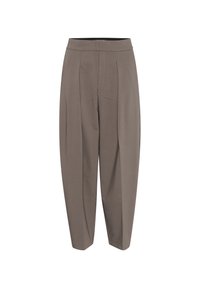 Pantalon ample taille haute couleur taupe avec plis et jambes droites, conçu pour un port formel ou décontracté.