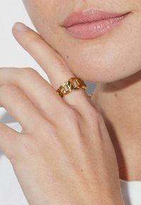 Anillo de eslabones de cadena de oro con una textura suave y brillante. Lleva puesto en una mano con un tono de piel claro, junto a un fondo neutral.