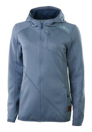 Softshell-Kapuzensweatshirt in Schieferblau mit Frontreißverschluss, verstellbarer Kapuze und diagonalen Nahtdetails. Mit Reißverschlusstaschen ausgestattet.
