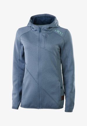 Soft-shell hoodie in a slate blue color, featuring a front zipper, adjustable hood, and diagonal seam detailing. Includes zippered pockets.