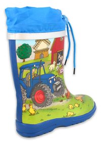 Blauwe rubberen regenlaars met een kleurrijk boerderijtafereel met een tractor, dieren en groen; verstelbare blauwe koord aan de bovenkant.