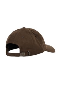 Brown cotton cap with a curved brim, adjustable strap at the back, and metal hardware. Smooth texture with stitched eyelets for ventilation.
