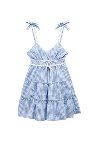Vestido de cuadros azul y blanco con volantes en capas, tirantes ajustables y cintura con cordón. Fabricado en una tela ligera.