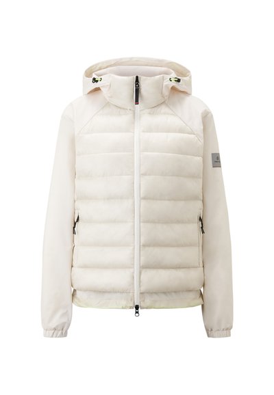 Lett beige pufferjakke med høj krave, lynlåslukning, elastiske ærmer og sidelommer. Glat tekstur og minimalistisk design.