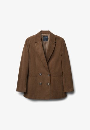 Brauner Cordblazer mit doppelter Knopfleiste, auffälligen Revers, zwei Taschen und dunklen Knöpfen, mit einem weichen, strukturierten Finish.