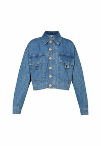 Giacca di jeans cropped di blu medio. Caratterizzata da un colletto, maniche lunghe, chiusura a bottoni, due tasche sul petto con pattine e sottili dettagli di cucitura.