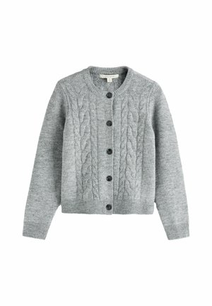 Graue gestrickte Strickjacke mit Zopfmuster, fünf schwarzen Knöpfen vorne, gerippten Bündchen und Saum sowie einem runden Ausschnitt.