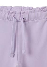 Lavender sweatpants featuring an elastic waistband with gathered fabric and drawstring. Smooth texture and minimalist design details.