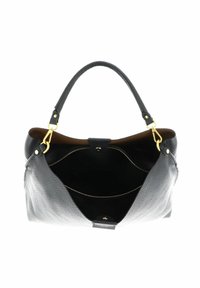 Sac à main en cuir noir avec une seule poignée, ouvert en haut, montrant une poche intérieure zippée et des détails en matériel doré.