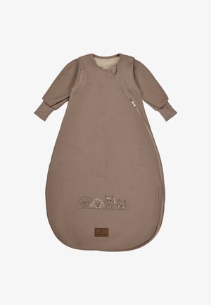 Beige sleep sack with long sleeves, ribbed texture, front zipper, and embroidered animal designs at the bottom. Soft, cozy material.