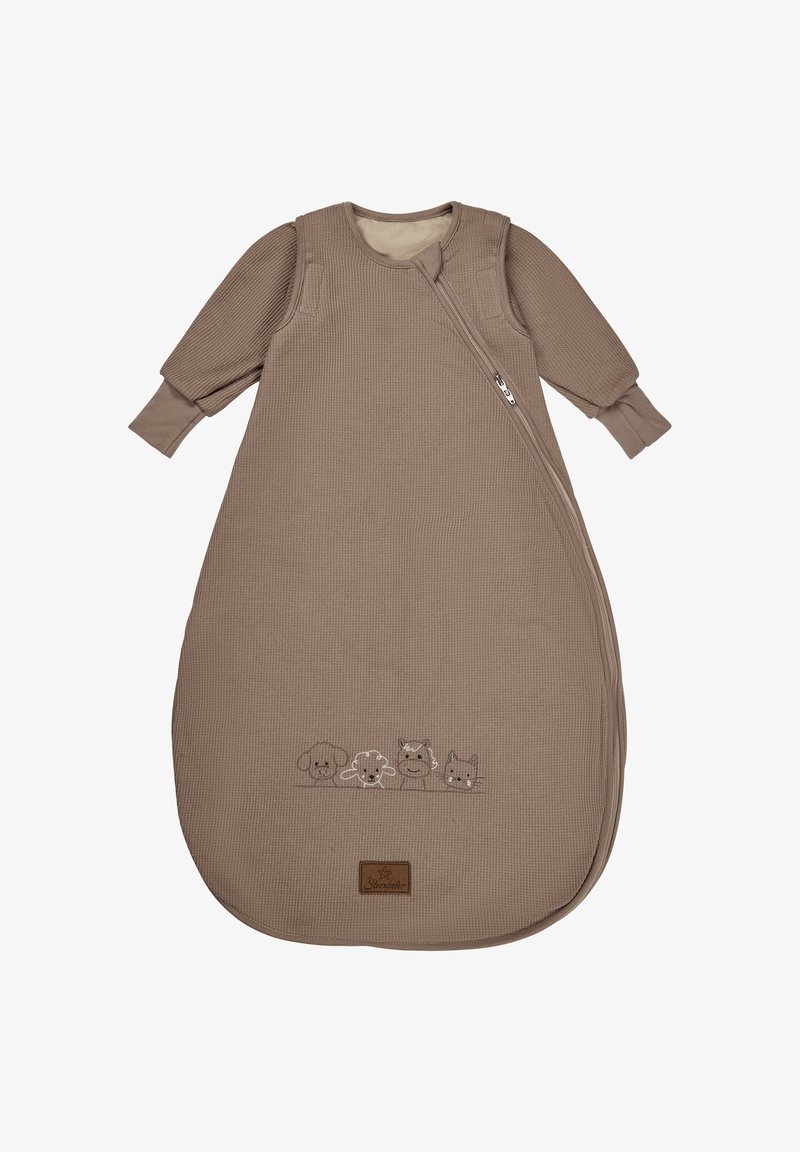 Beige sleep sack with long sleeves, ribbed texture, front zipper, and embroidered animal designs at the bottom. Soft, cozy material.
