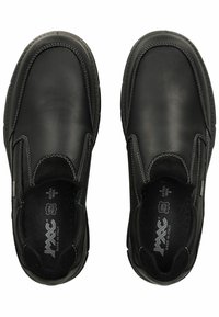 Schwarze Leder-Slipper mit kontrastierendem weißen Nähten, gepolsterten Einlegesohlen und einem runden Zehendesign. Extra weit geschnitten.