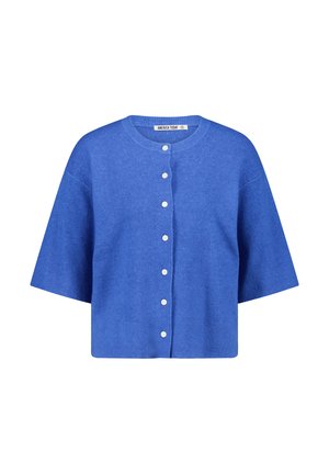 Bright blue short-sleeve button-up cardigan with round neckline and white buttons, labeled America Today.