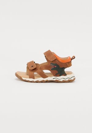 Brown children's sandal with adjustable straps, orange padded heel, dinosaur print on side, and textured white and brown sole.