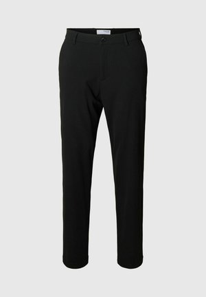 Black trousers made of fabric with a smooth texture, featuring a button closure, belt loops, and straight-cut legs.