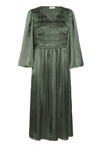 Green satin dress with a smocked bodice, V-neckline, and long sleeves, featuring a pleated skirt and smooth texture.