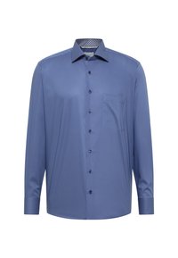 Camicia a maniche lunghe con bottoni in tessuto blu scuro. Presenta una tasca sul petto, colletto elegante e bottoni scuri con una finitura interna del colletto texturizzata.