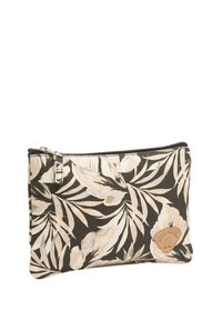 Pouch s květinovým vzorem ve tmavě zelené tkanině s světle růžovými a krémovými listy. Má horní zip a béžovou nášivku s logem na boku.