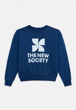 Sweat bleu marine à manches longues avec un logo géométrique blanc et le texte "THE NEW SOCIETY" à l'avant.