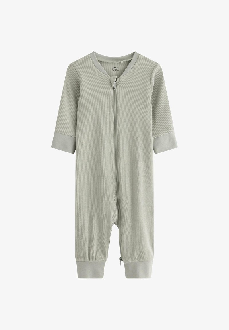 Jasnoszary, prążkowany niemowlęcy kombinezon z długimi rękawami, zamkiem błyskawicznym z przodu oraz mankietami przy nadgarstkach i kostkach.