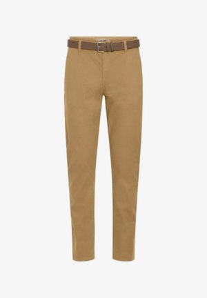 Tan chinos with a structured fit, featuring a brown belt, front pockets, and a smooth cotton texture.